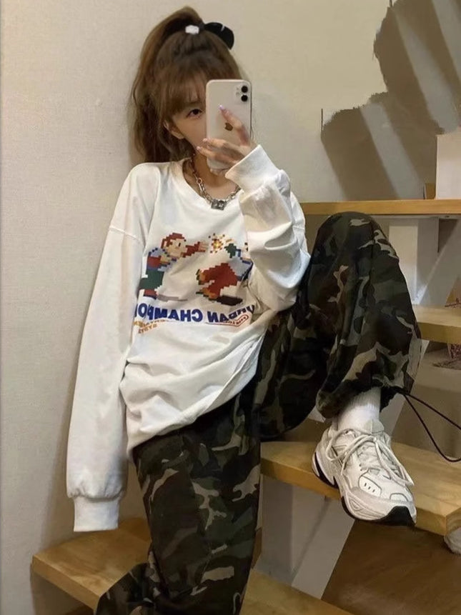 Army Green Commuter Camouflage Overalls Men's and Women's Summer National Fashion Casual Loose Dosing Wide-Leg Straight Pants