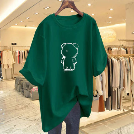 White Long Bear Printed T-shirt Women's Summer 2025 New European plus size Loose Butt Covering Long T-shirt