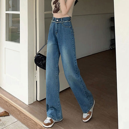 Fashion Rap Edge High Waist Small Straight Wide Leg Denim Trousers Women's Internet Celebrant Retro Rear Pocket Contrast Color Mop Pants