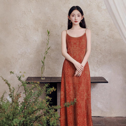 ycfs1621 New Chinese Style National Style Retro Orange Summer Elegant Simple Long Slip Skirt Cardigan Two-Piece Set