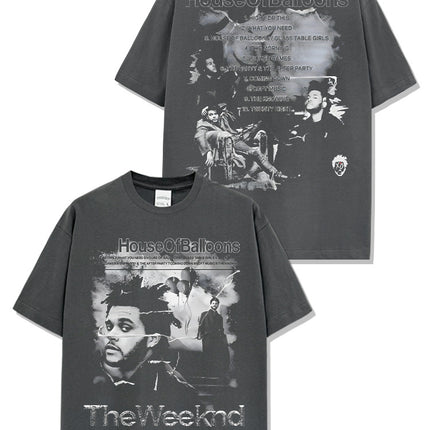 Cross-border American hip-hop potted brother The Weeknd printed short sleeve t-shirt loose crew neck hooded sweater wholesale