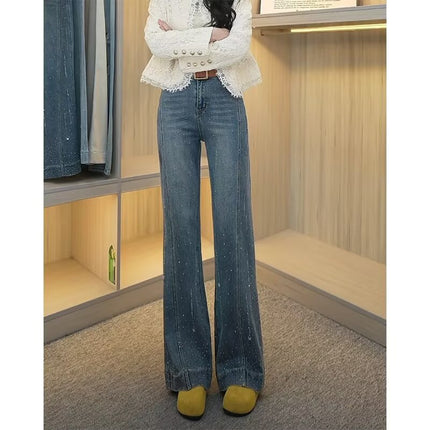 Plus Size Retro Rhinestone Stretch Jeans for Women Spring Summer High Waist Slimming Non-Stick Leg Bootcut Flared Pants