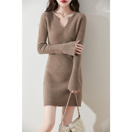 2025 Autumn and Winter V-Neck Women's Drawpack Mid-Length Sweater Slim-Fit Slimming Knitted Western-style Long Wool Dress