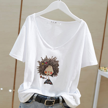 V-neck ultra-thin front shoulder slub cotton letter printing summer 2024 new Korean loose top short sleeve women's T-shirt fashion