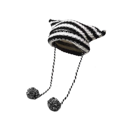New Cross-border Foreign Trade Striped Deviruchi Knitted Hat Autumn and Winter Ear Protection Warm Face Hair Ball Small Wool Hat