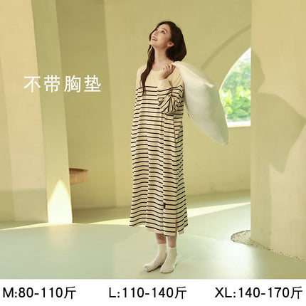 Women's Pure Cotton Long-Sleeved Nightgown, High-End, Black, Large Size, Can Be Worn Outside, Spring and Autumn, Women's Nightgown with Breast Pads