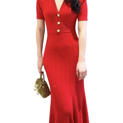 S Brand French-Style Niche 2026 Spring/Summer New Cross-Border Thin Mist Blue Short-Sleeve V-Neck Knit Dress Gown Long Dress
