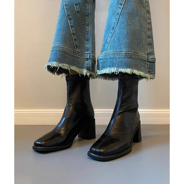Silent Thick-Heeled Goatskin Short Boots for Women with Back Zipper Commuter High-Heeled Elastic Slim Boots Autumn and Winter Fleece-Lined Soft-Soled Short Boots