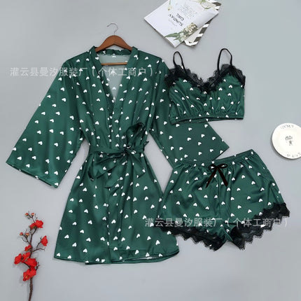 Cross-Border New Style Camisole, Shorts, and Robe Three-Piece Set, Sexy Lace Women's Loungewear Pajamas, Wholesale in Stock