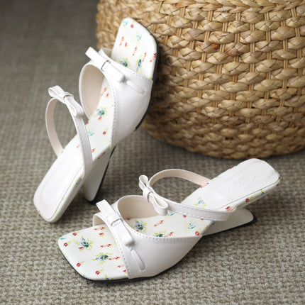 French Elegant Wedge-Heeled Slippers for Women, Square Toe, Open-Toe, Bow-Knot High-Heeled Sandals, 2025 Summer New Style