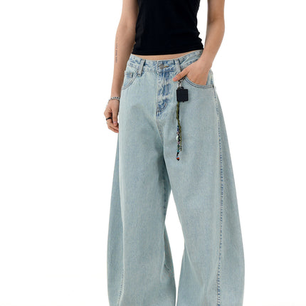 11Kn American Retro Ice Blue Scimitar Jeans for Men and Women, Distressed Washed Slimming Look Simple Wide-Leg Stacked Pants