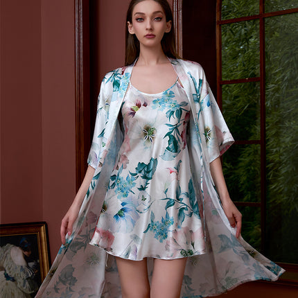 Cross-border printed nightgown suit women summer sexy ice silk middle sleeve plus size bathrobe silk bridal morning gown manufacturers wholesale