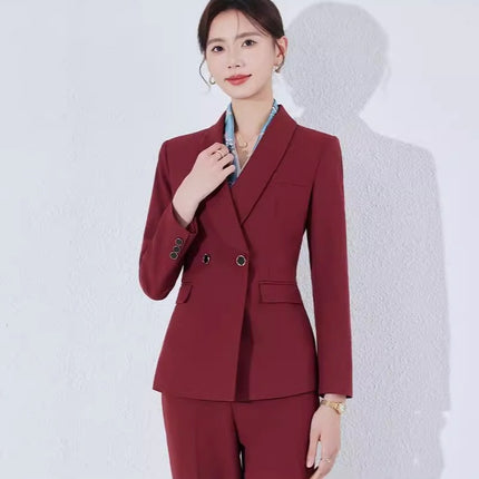 Matching Spring and Autumn Fashion Sense Business Dress Dress Suit suit Women's Green Collar Commuter Trousers New Spandex