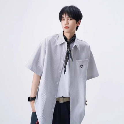 Smiley Face Embroidered Short-Sleeved Shirts for Men and Women 2025 Summer Lapel Stripesd Jacket Tops Handsome Loose Casual Shirts