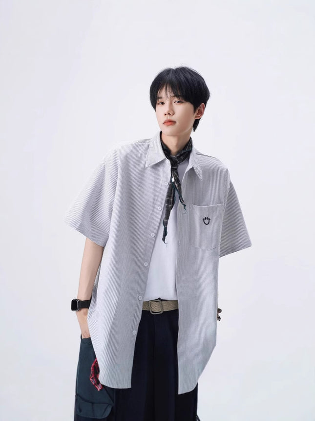 Smiley Face Embroidered Short-Sleeved Shirts for Men and Women 2025 Summer Lapel Stripesd Jacket Tops Handsome Loose Casual Shirts