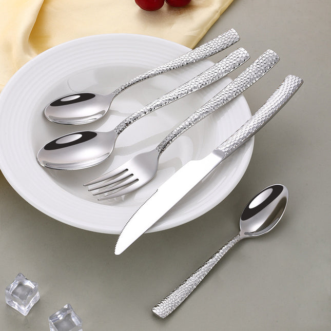 Cross-border 304 Stainless Steel Knife, Fork and Spoon Tableware Hotel Western Food Square Handle Thickened Water Cube Hammer Steak Knife, Fork and Spoon