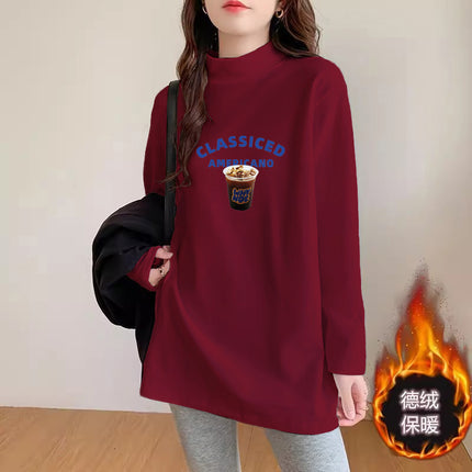 Women's Fleece Base Shirt with Shark Pants Autumn and Winter Design Sense Loose White Half-high Collar Long-sleeved T-shirt
