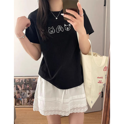 White Simple Dog Print Short-sleeved T-shirt Women's Summer New Cotton Loose Lazy Style Slimming Half-sleeved Top