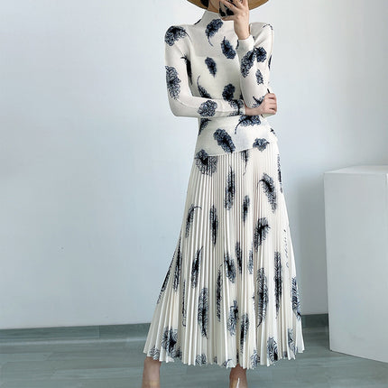 Skirt Set Women's Spring and Summer New Long-sleeved Pleated Top High Waist A- line Pleated Skirt Long Two-piece Set