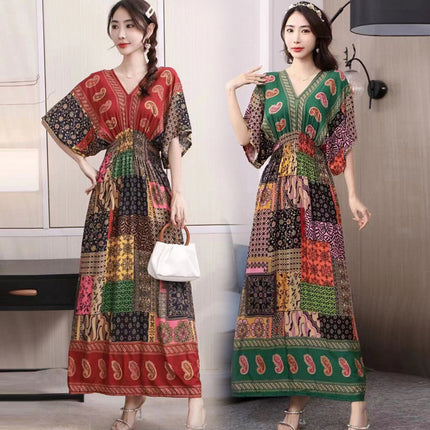 Cross-border ethnic style V-neck cotton silk short-sleeved beach skirt Thailand travel dress summer printed holiday floral skirt