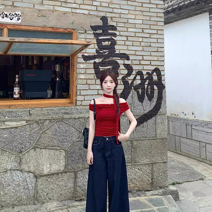 Dark Blue Wide-Leg Jeans for Women, Summer New High-Waisted Slimming Loose Wide-Leg Drape Floor-Length Pants Trendy