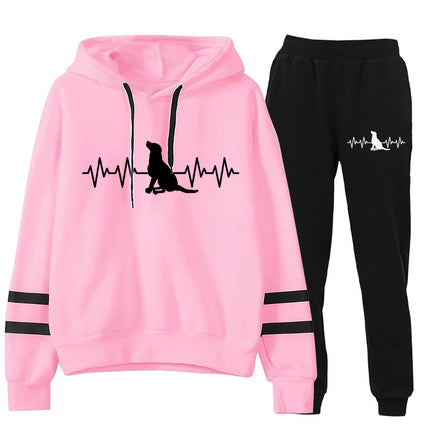 ECG Dog Print Parallel Bars Striped Hooded Sweat Pants suit Autumn and Winter European Code plus size Cross-border