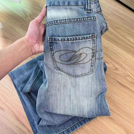 American-Style Autumn New High Street Loose Straight-Leg Jeans for Women with a Designer Feel, Washed Blue High-Waisted Slimming Wide-Leg Pants