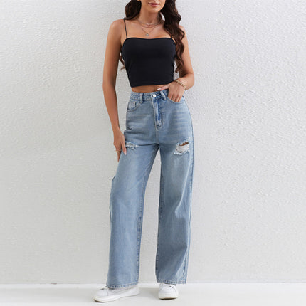 New TEMU Explosive Light Color Jeans Women's Ripped Wide Leg Straight Pants High Waist light blue Pants for Women