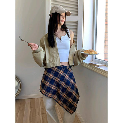 Street Retro Plaid Fart Curtain All-Match Fashionable One-Piece Tube Top Lace-Up Irregular Fake Shirt Skirt
