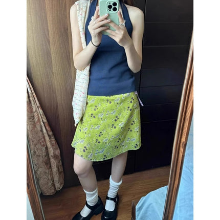 plus size chubby girl Designing Green Floral Lace-Up Skirt Women's Summer New Arrival Printed A- Line Short Skirt Medium Skirt