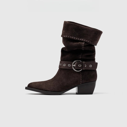Zhong Chuxi's Same Style Retro Knight Short Boots, Pleated Stacked Boots, Genuine Leather Pointed Toe Short Boots, Women's Western Knight Boots