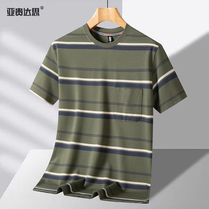 Dad T-shirt short sleeve summer pocket round neck yarn-dyed striped middle-aged men's top middle-aged and elderly plus size men's clothing