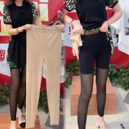 Summer Popular Thin Half Mesh Leggings High Waist Large Size High Elastic Versatile Pocket Anti-Exposure Mesh Nine-Point Pants for Women