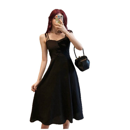 Cross-border Foreign Trade Mid-length Slip Skirt Summer Retro Hepburn Style dress Women's Black Elegant Sexy Shoulder Slim-fit