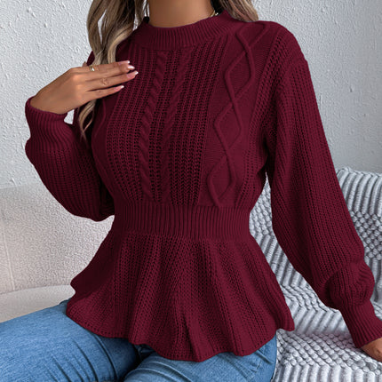 Real Shot of Autumn and Winter European and American Style Solid Color Cable Knit Waist-Cinching Ruffled Long-Sleeve Pullover Sweater, Independent Cross-Border Women's Fashion