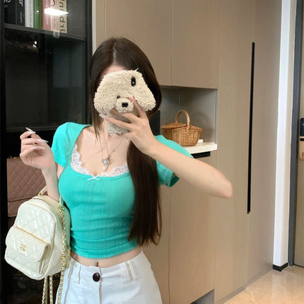 Korean-style Green Fake Two-piece Short-sleeved T-shirt Women's Summer Design Niche Lace Short Sweet Spice Top