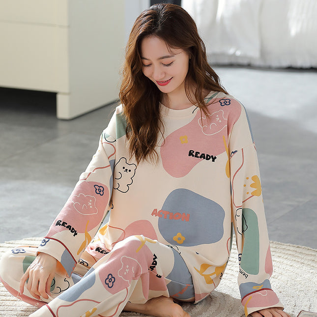 Spring and Autumn Imitation Cotton Pajamas Women's Long-sleeved suit Summer Round Neck Less Women's Home Clothes Cute Cartoon Outer Wear