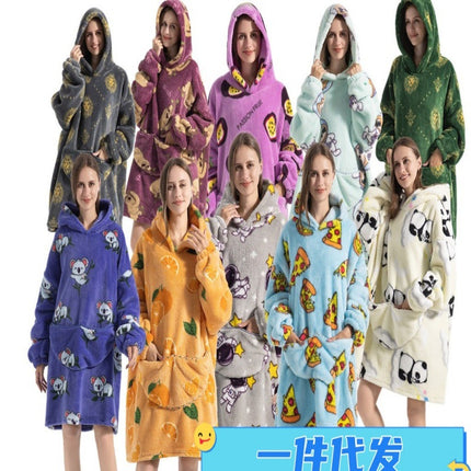Cross-border New Printed Flannel Pullover Adult Cotton Velvet Lazy Clothing Cape Nightgown Warm Thickened Cold-proof Clothing