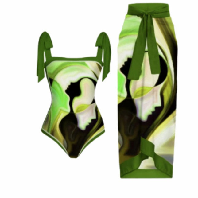 2023 European and American ins Style Belly-Covering Slim One-Piece Bikini Swimsuit Sun Protection Gauze Skirt Hot Spring Swimsuit Two-Piece Set