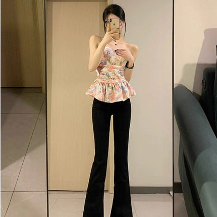 Tall Women's Black Flared Jeans, Spring High-Waisted Slim Fit Stretchy Floor-Length Bootcut Pants