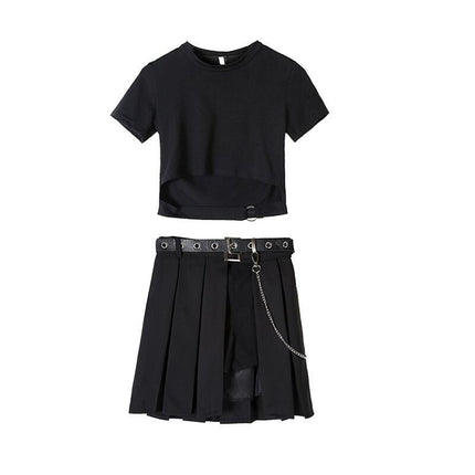 Sexy Disco Women's Suit Summer Crop Top Handsome Cool Girl Gothic Style Pure Desire Pleated Skirt Jazz Dance Suit