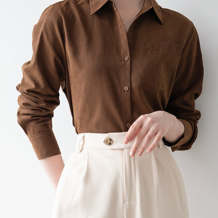 Soft Velvet Commuter Layering Brushed Shirt for Women, Spring and Autumn Vibe Dopamine Caramel Color Shirt Top