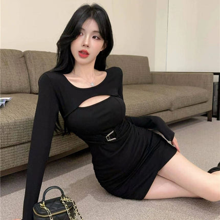Hollow-Out Long-Sleeve Dress for Women, Early Autumn Sexy Bodycon Dress That Accentuates the Figure, Base Layer Dress