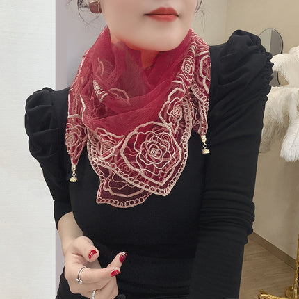 Spring and Summer Transparent Yarn Magnetic Buckle Turban Thin Embroidered Silk Scarf Women's Gift Scarf Mother Air Conditioning Shawl New Style