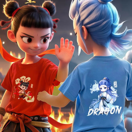 Nezha and Ao Bing Style Pure Cotton T-Shirts, Round Neck Cultural Shirts, Class Uniforms, Kindergarten Group Wear, Casual and Versatile