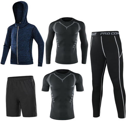 Fitness clothing five-piece men's fitness clothing elastic sports tights quick-drying base training elastic clothing gym