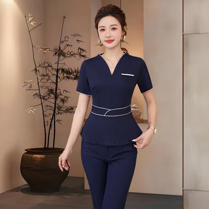 Summer Beauty Salon Short-Sleeved Technician Uniforms for Women, High-End Spa Club Foot Bath and Head Therapy Beautician and Waitress Work Uniforms