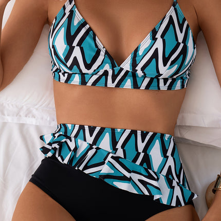 New European and American Style Backless V-Neck Fashion Two-Piece Bikini Swimsuit for Women, Sexy Bikini Ruffle Swimwear
