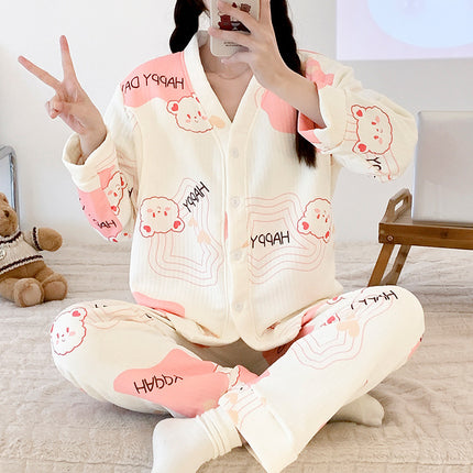 New online celebrity pregnant women nursing pajamas autumn and winter thickened plus size sandwich air cotton maternity cardigan warm confinement clothing