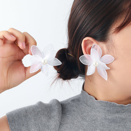 European and American Exaggerated Fabric Pearl Flower Atmospheric Earrings for Women, Light Luxury, High-End, Temperament, Fashion, European and American Cross-Border Supply